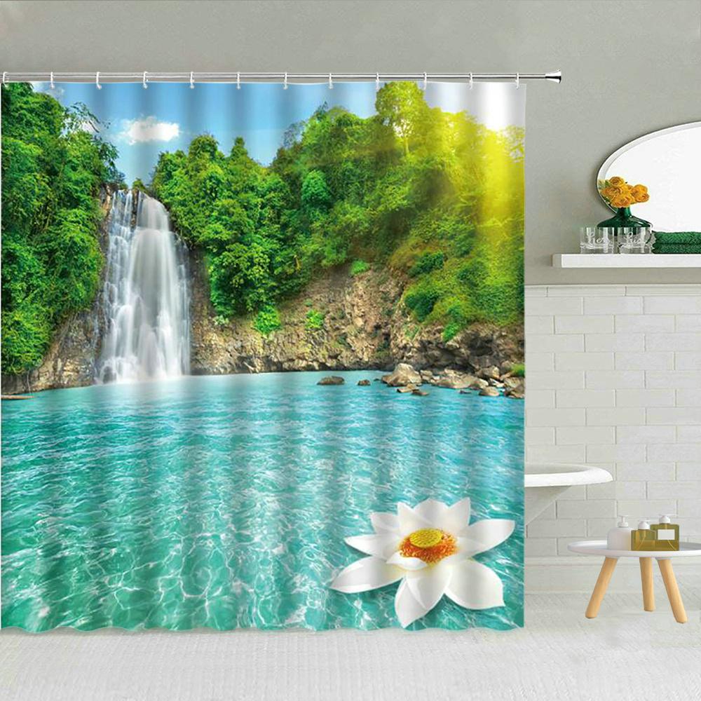 

Natural Scenery Shower Curtain Waterfall Green Plants Flowers Garden Landscape Bathroom Decoration Waterproof Shower Curtain 90x180cm-35x70in