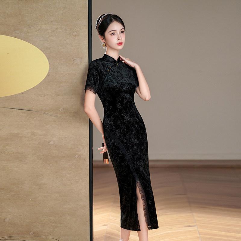 Single split black velvet national style new Chinese long Suzhou cheongsam improved young women's high-end evening dress