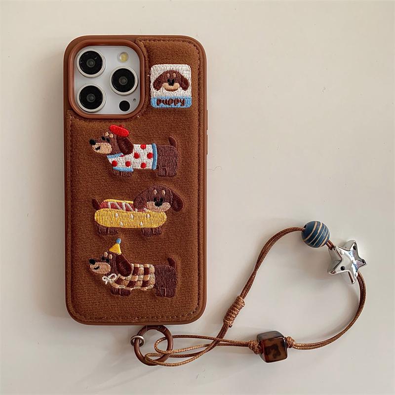 New Cartoon Embroidery Dog Cats Colorful Phone Case For iPhone 17 14 15 16 Pro Max 16 Cute Furry Plush Winter Shockproof Cover