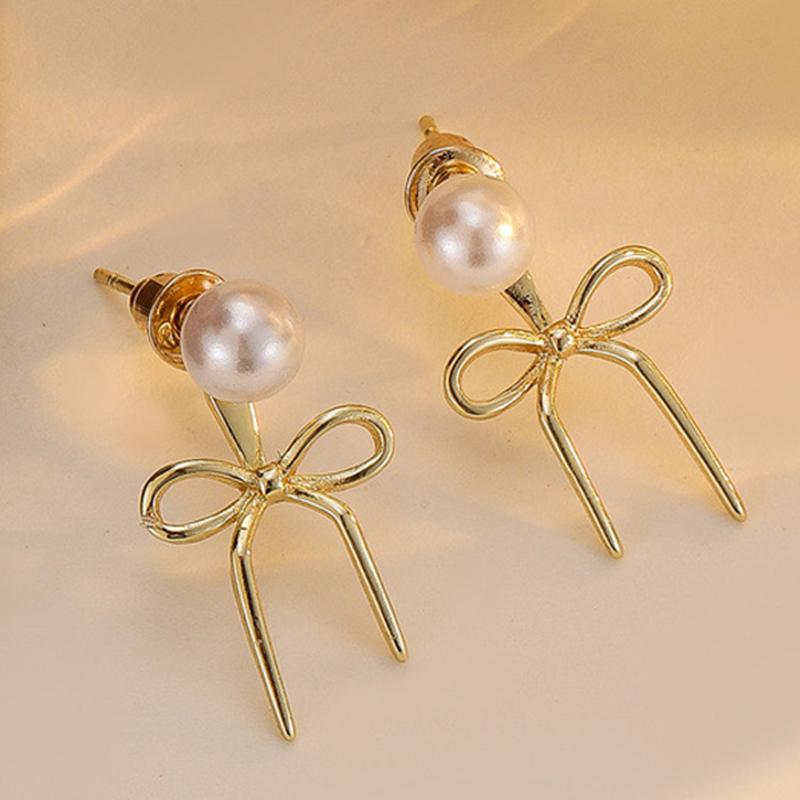 

2026 New Trendy Imitaton Pearl Stud Earrings for Women Simple Gold Color Bow Ribbon Stud Earrings Fashion Party Date Zircon золотой