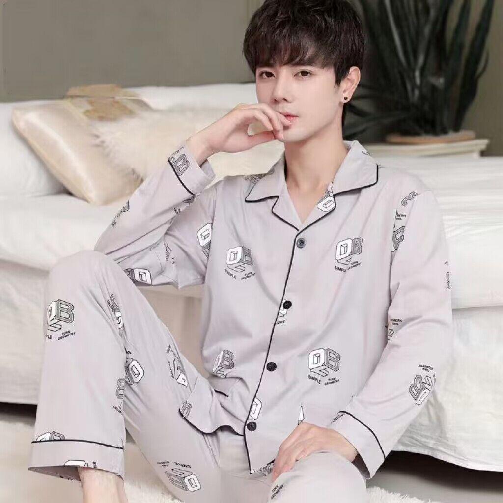 Pijama de Algodão Masculina de Primavera e Verão Calças de Manga Comprida Fato de Pijama para Meninos Fato Casual Homewear para Adolescentes