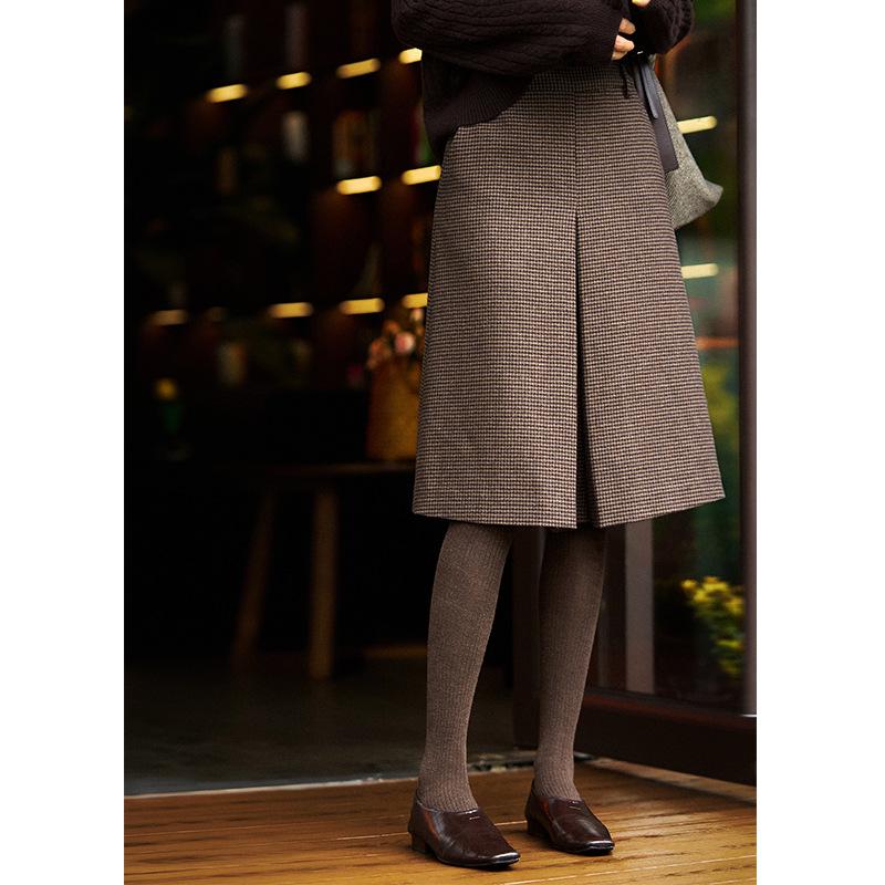 Retro Chic Houndstooth Wool Pencil Skirt with Front Slit - Women s Midi Skirt for Autumn/Winter 2025 XL