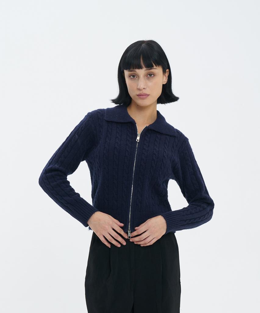 BLOND9 Fluffy Cable Knit Zip-Up_Navy