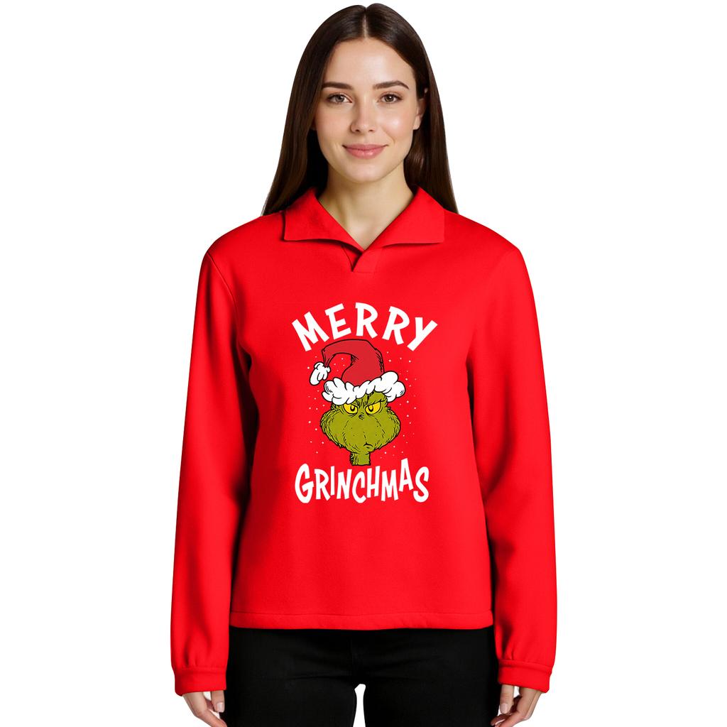 Women's Stand-up Collar Long-sleeved Pullover Top, Christmas Print Sports Top