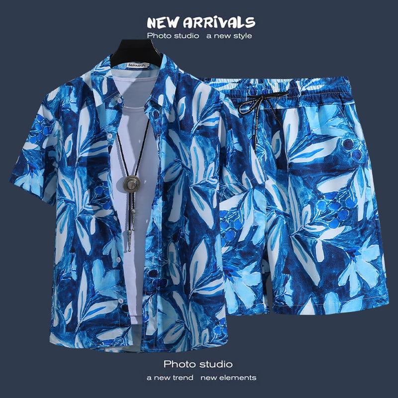 Men's Hawaiian Style Floral Summer Short Sleeve Shirt & Shorts Set