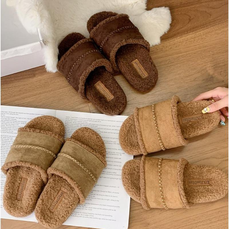 Fashion Designer Women's Lamb Wool Open Toes Slippers Retro Cotton Slides Autumn Winter Fur Shoes 2025 New Fashion Women's Shoes