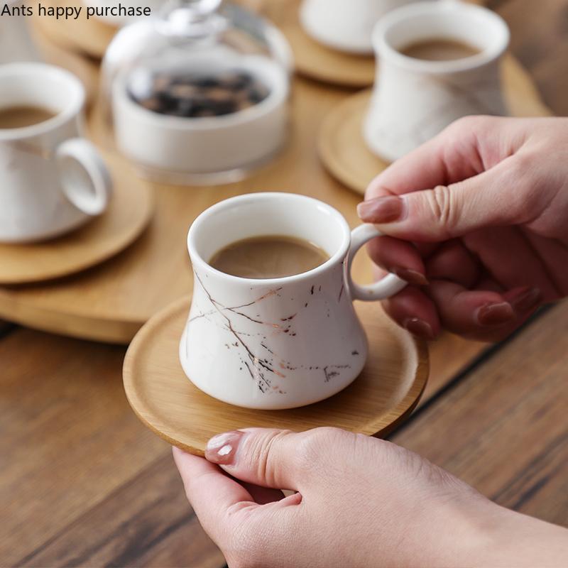 Ceramic Coffee Cup and Saucer Set Wooden Pallet Concentrate Cup 6-piece Set Ceramic Glass Cover Snack Bowl Afternoon Tea Sets