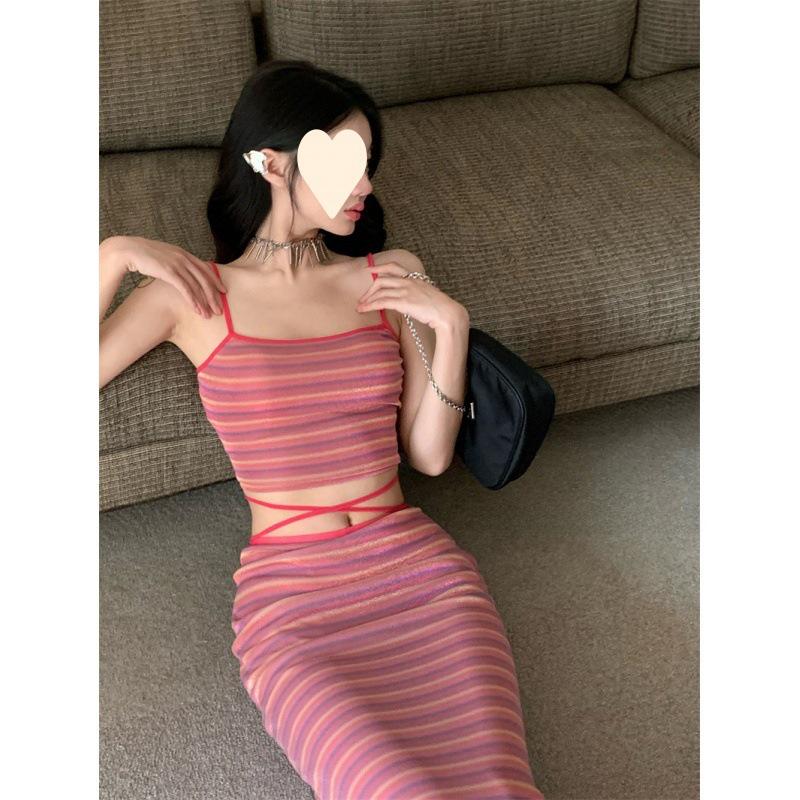 Retro Striped Camisole & Skirt Two-Piece Set for Women - Summer Fashion Style