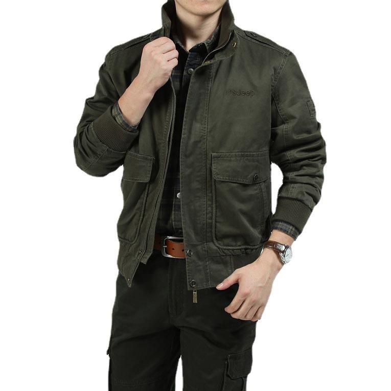 Jacket Men's Spring and Autumn Clothing Men's Casual Large Size Stand-Up Collar Military Jacket Pure Cotton Thin Jacket