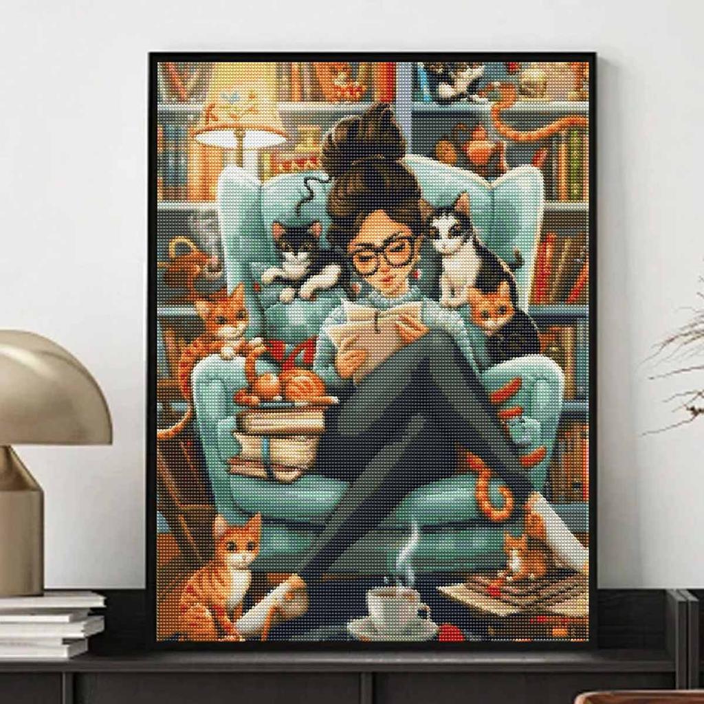 Cats Reading Book DIY Diamond Art Painting Kit with Shiny Resin Diamonds for Adults Relaxing Craft Wall Decor and Handmade Gift Idea Set Decor