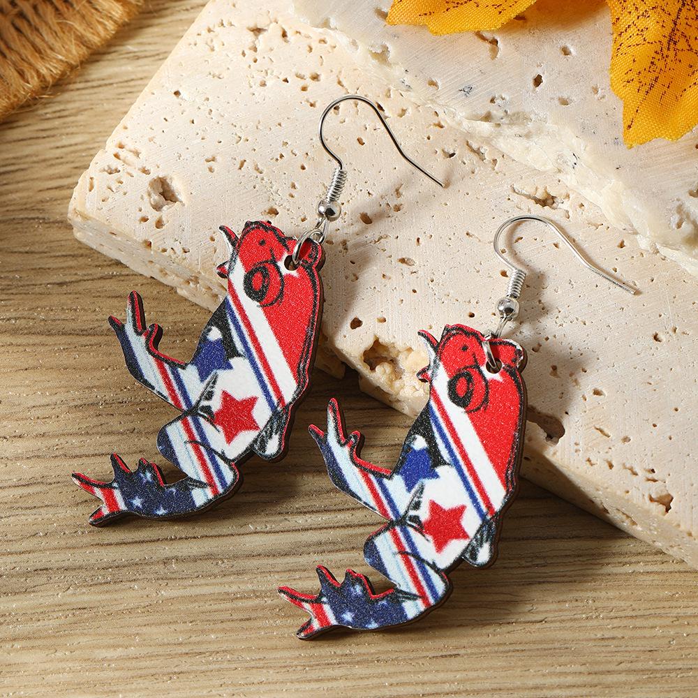 US Handmade Frog and Chick Independence Day Wooden Earrings