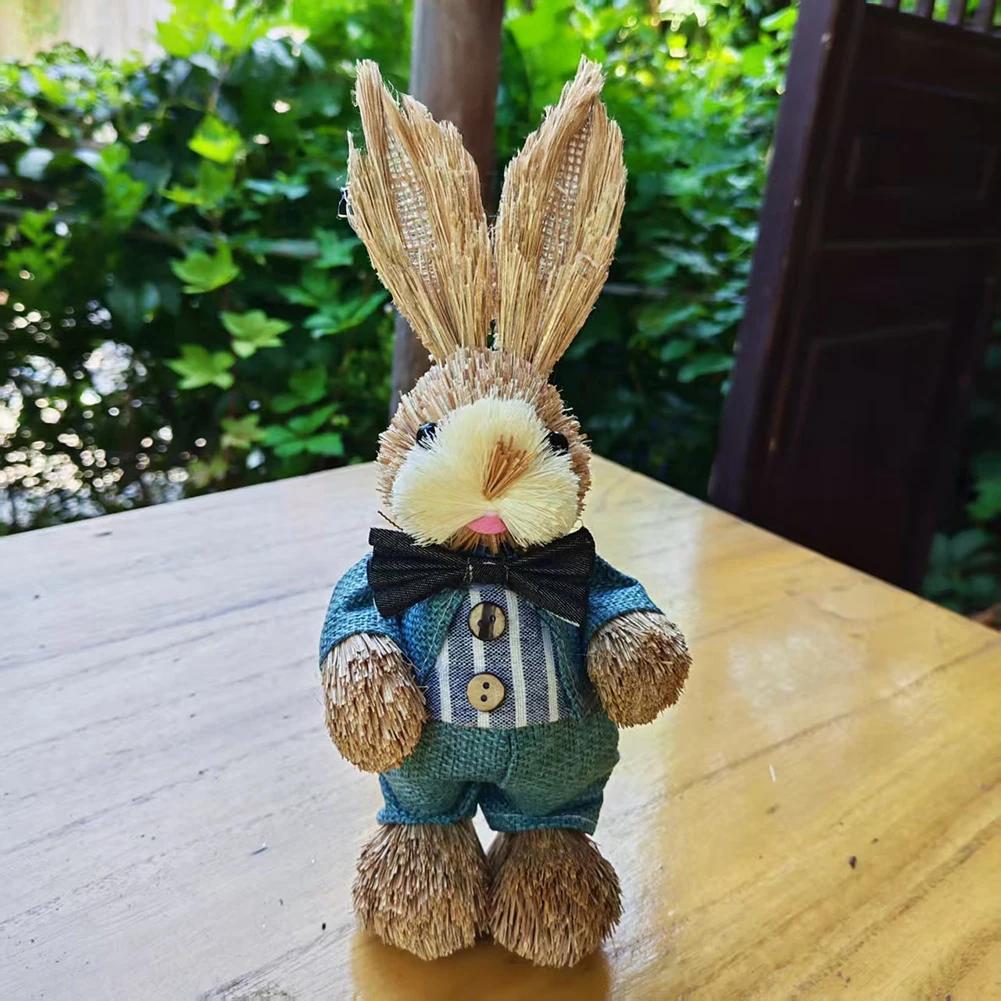 23cm Yard Party Home Easter Decor Woven Straw Bunny Rabbit Sculpture Statuette Easter Ornament