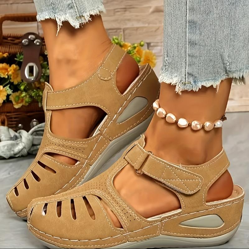 Women's Casual Wedge Heel Sandals Round Toe Cut-Out Design Mid Heel Breathable Comfortable All-Season Wear Easy Buckle Closure Durable Sole