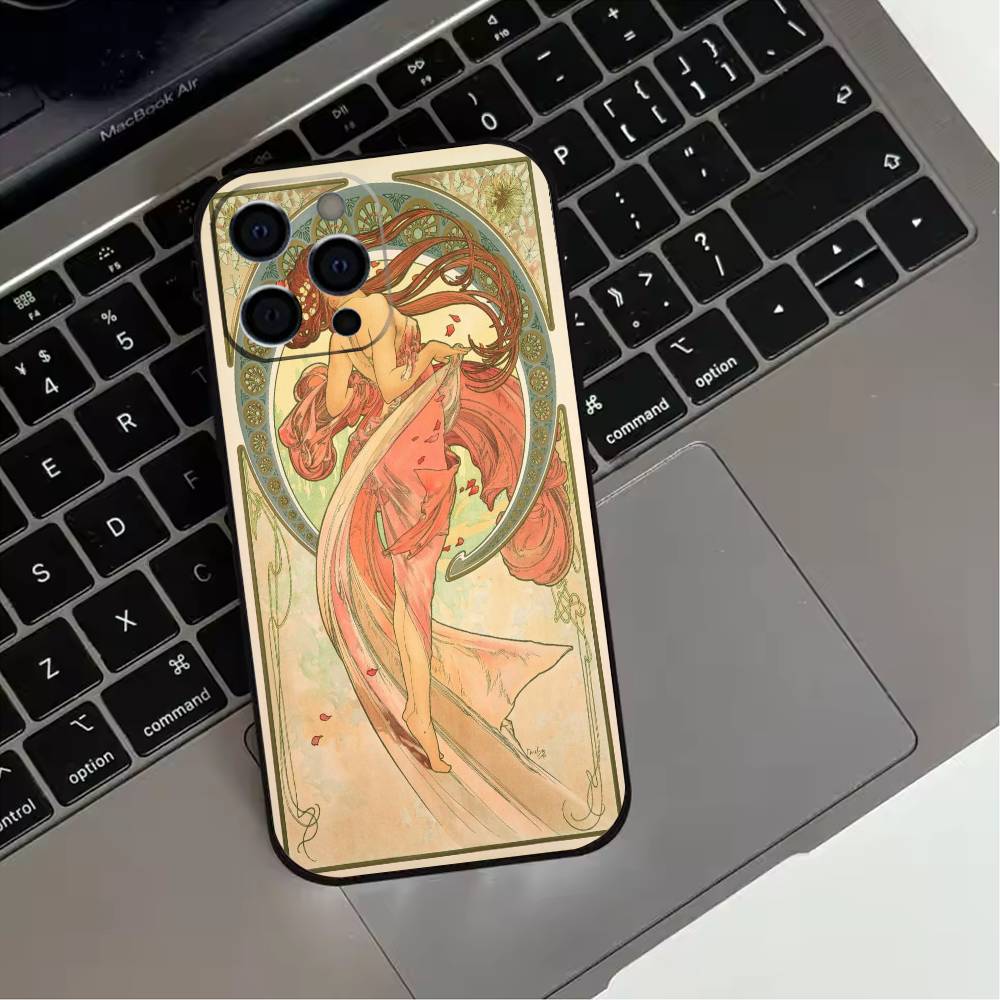 V-Vintage A-Alphonse Mucha  Phone Case For iPhone 17,16,15,14,13,12,11 Plus,Pro Max,XS,Soft Silicone Black Cover