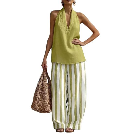 Women Cotton Linen 2 Piece Sets Sleeveless Halter V Neck Top And Striped Wide Leg Pants Sets Summer Vacation Lounge Outfits
