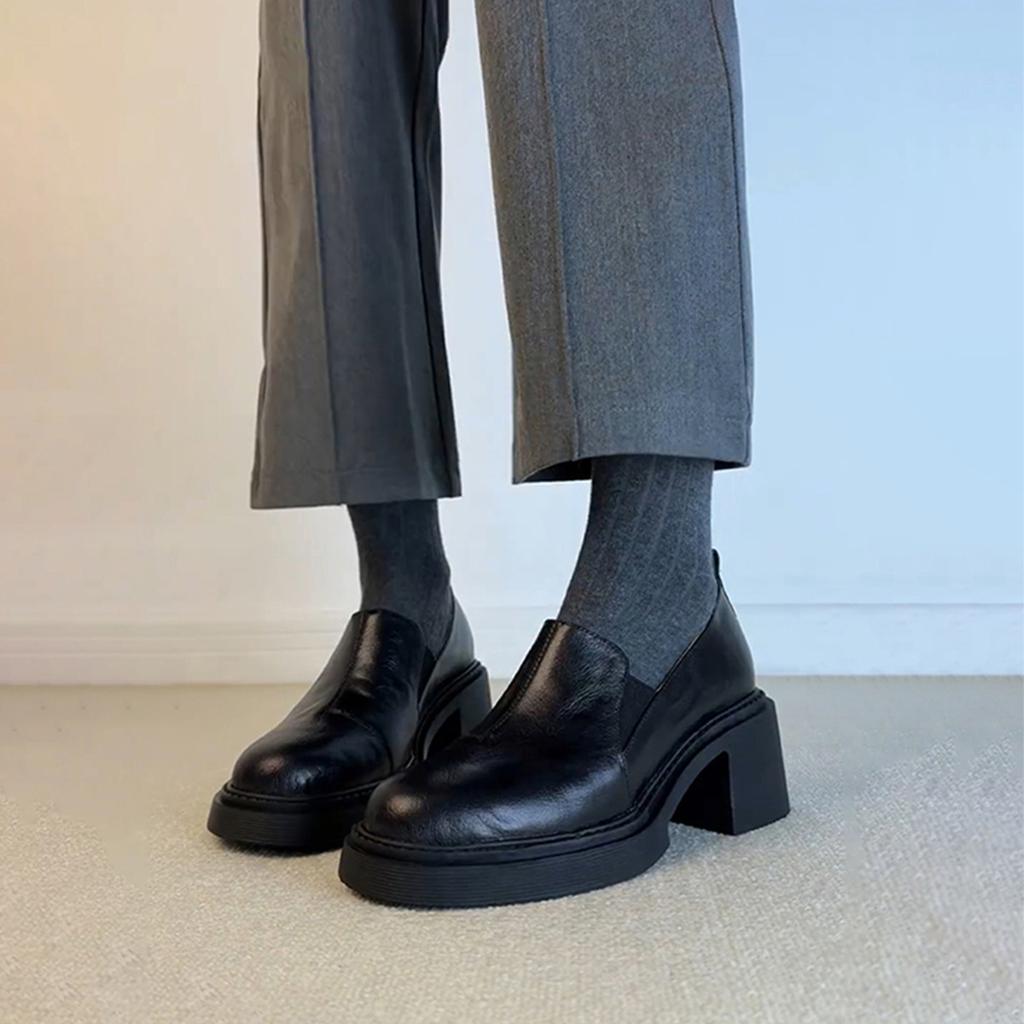 Sheepskin version~ High heel round head loafers women's black leather versatile small leather shoes fashionable one-pedal deep mouth single shoes