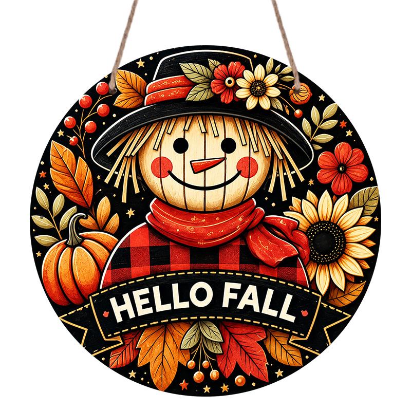 2D Flat Aluminum Decorative Plaques and Ornaments, Featuring Autumn-themed Plaid Scarecrow, Pumpkin, and Sunflower Floral Patterns for Wall