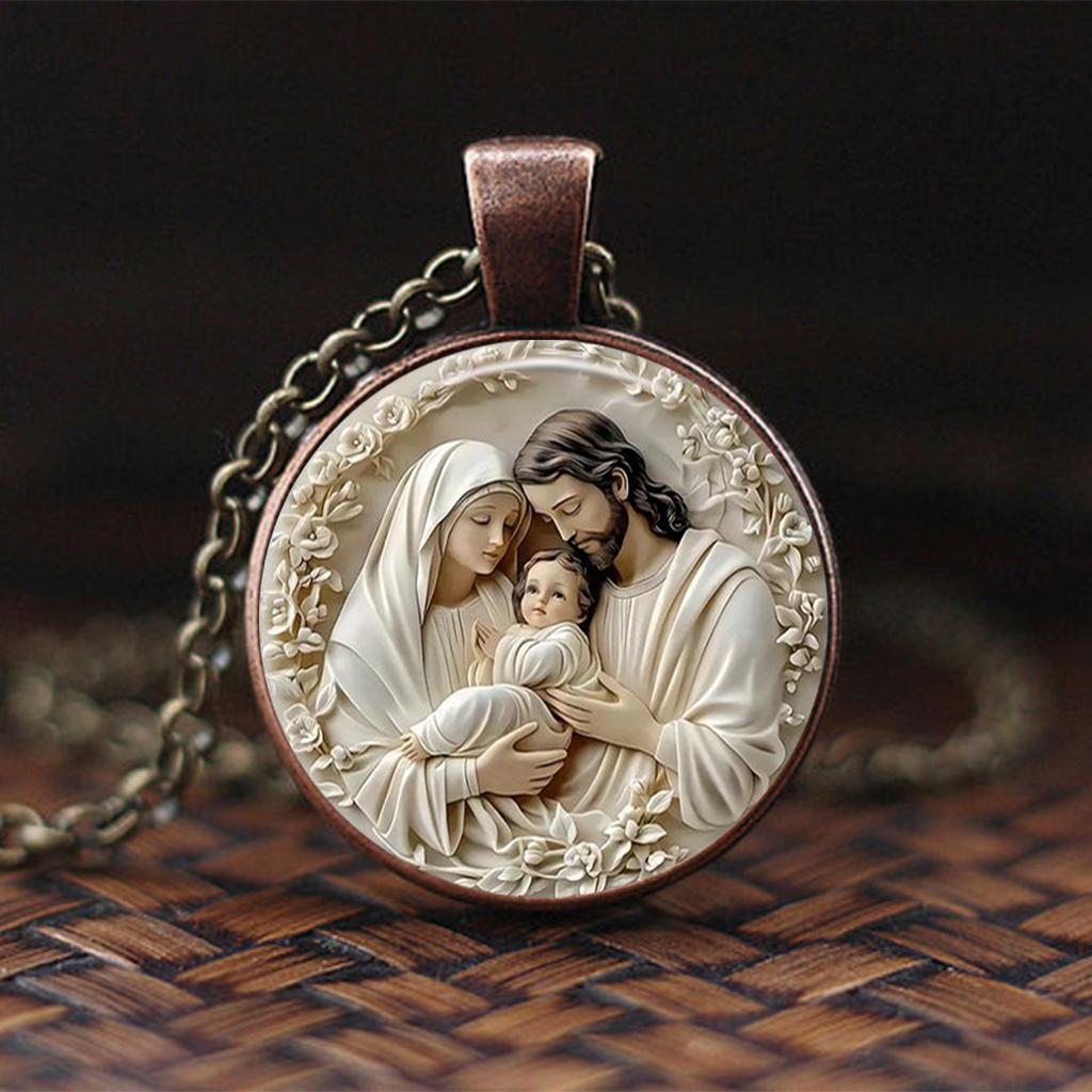 Three-person Family Virgin Mary Necklace Time Gemstone Glass Alloy Pendant Simple Fashionable Women's Necklace