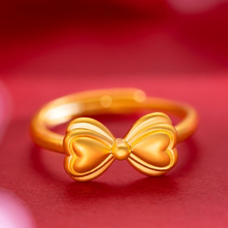 Gold-Plated Princess Bow Adjustable Ring with Diamonds - Sweet Open Design for Women