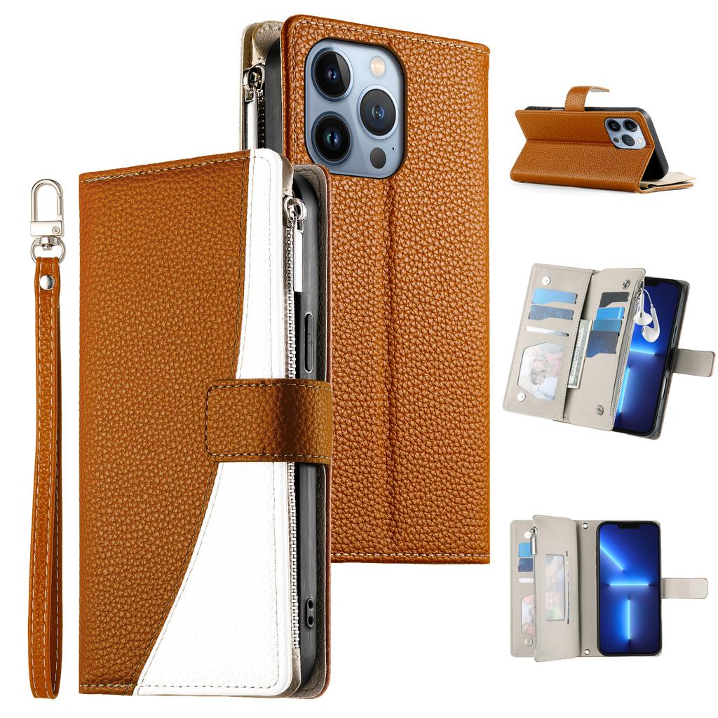 For iPhone 13 Pro Case Zipper Pocket Wallet Color Splicing Leather Flip Phone Cover with Straps