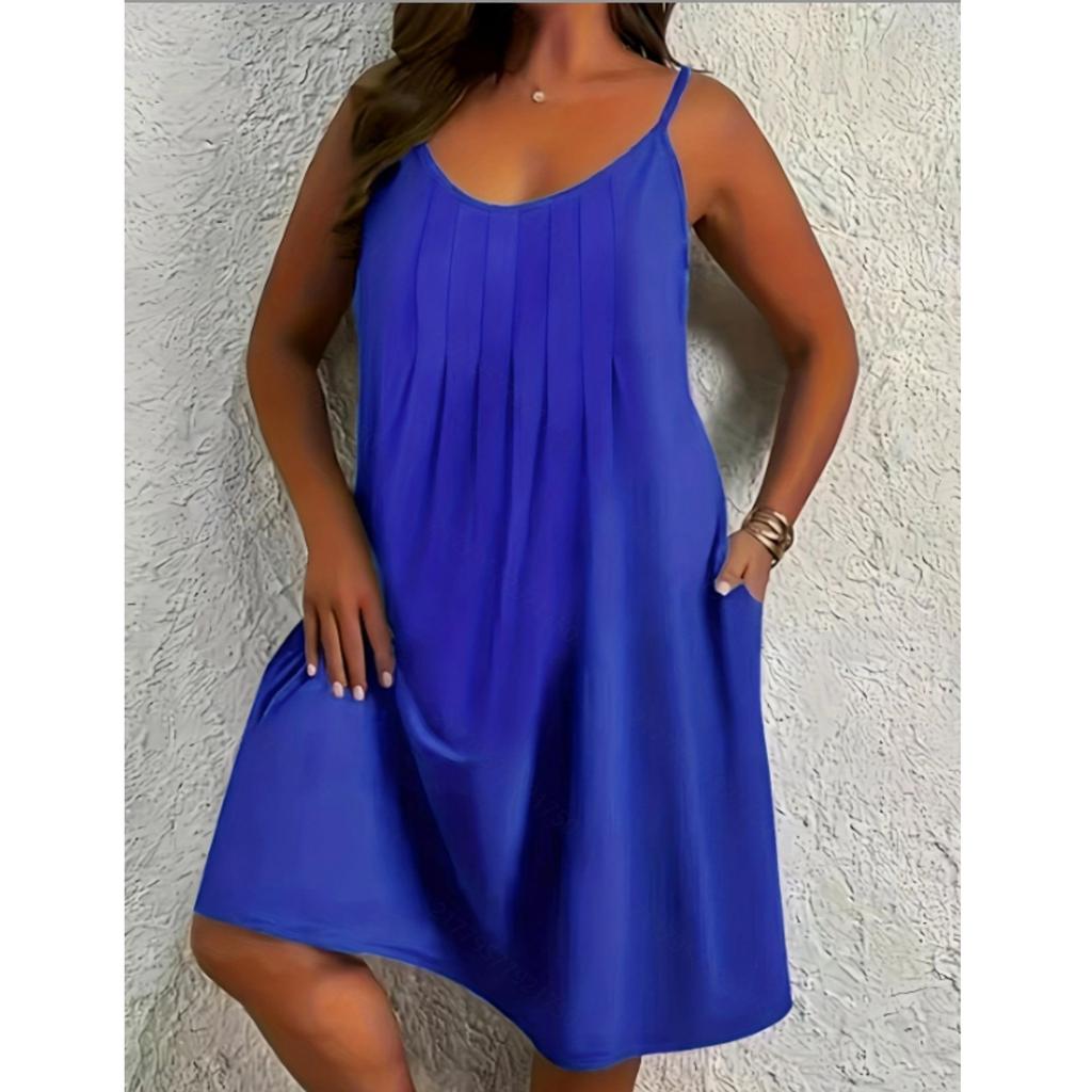 Women's Plus Size Casual Color Round Neck Sleeveless Pleated Camisole With Pocket Dress