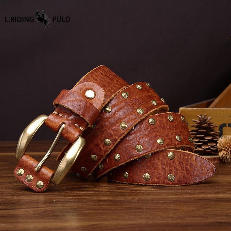 Punk-style Studded Leather Belt for Men Genuine Leather with Pin Buckle Washed, Vintage, Distressed Finish, Pure Cowhide, Unique Casual Denim Belt.