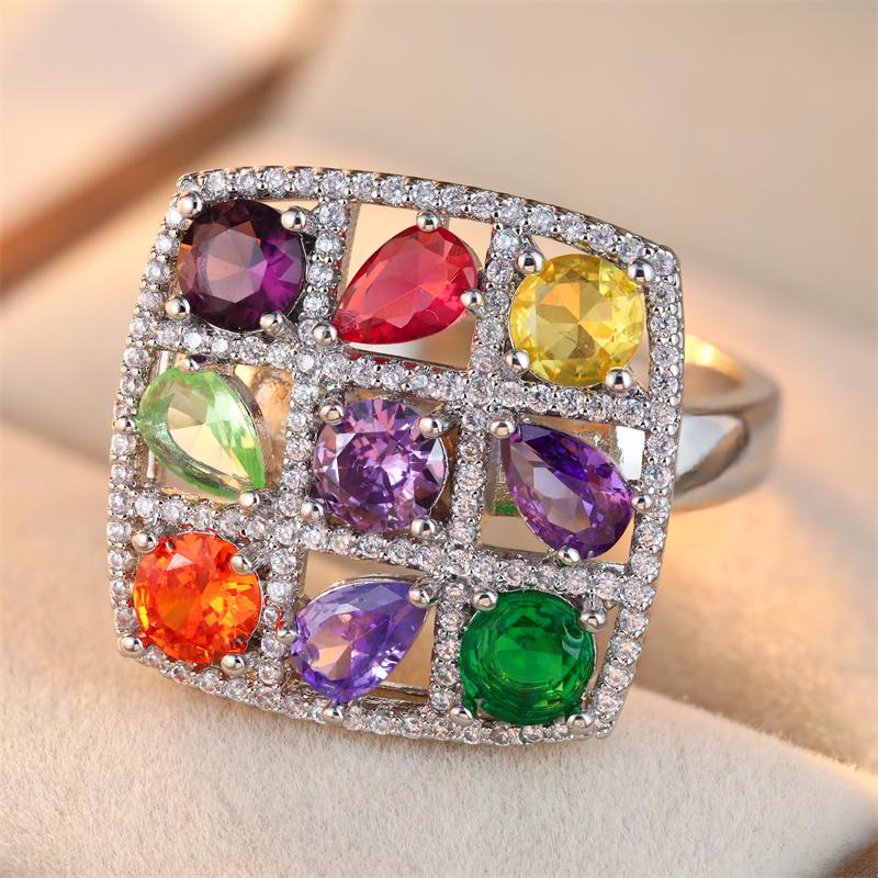 Exquisite Inlaid Multicolored CZ Women's Ring Sparkling CopperColor Geometry Daily Wear Party Jewelry Anniversary Gift