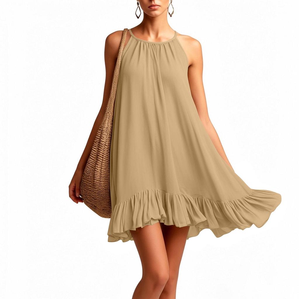 Spring Summer Sleeveless Pleated Halter Vacation Dress for Women
