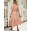 A Vacation-style Short-sleeved Floral Floral Dress with A Cinched-waist Tie and Cotton Silk Beach
