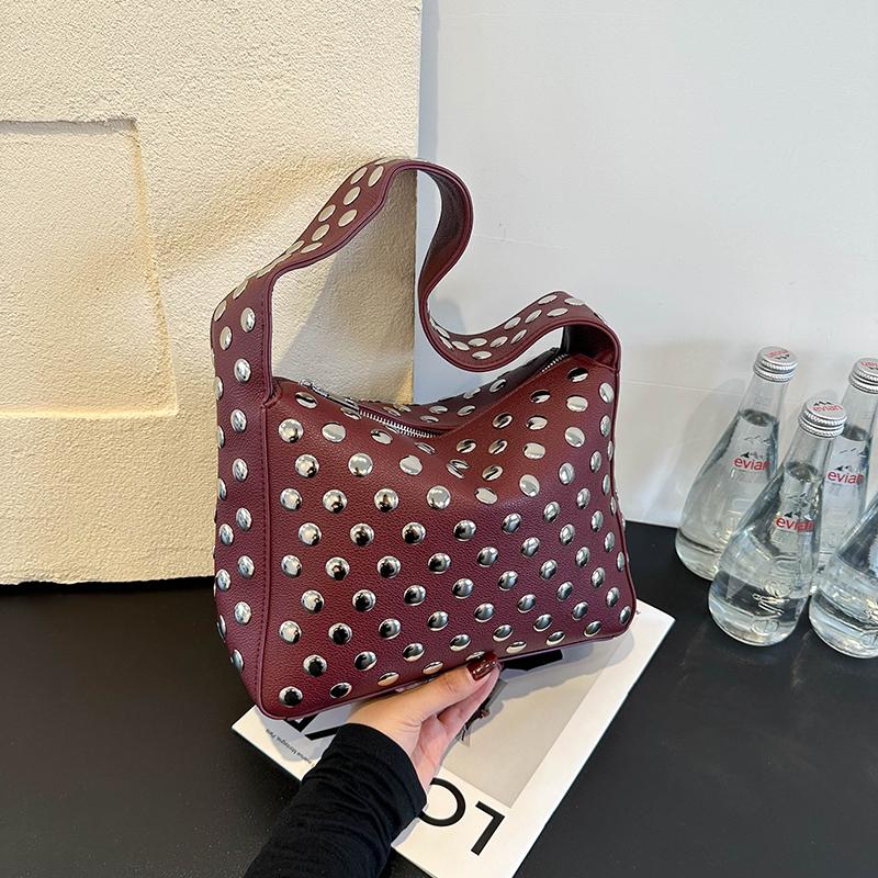 High Quality Solid PU Versatile Small Square Bag Youth Rivet Decoration Sweet Shoulder Bag Sewing Thread Concise Women's Handbag
