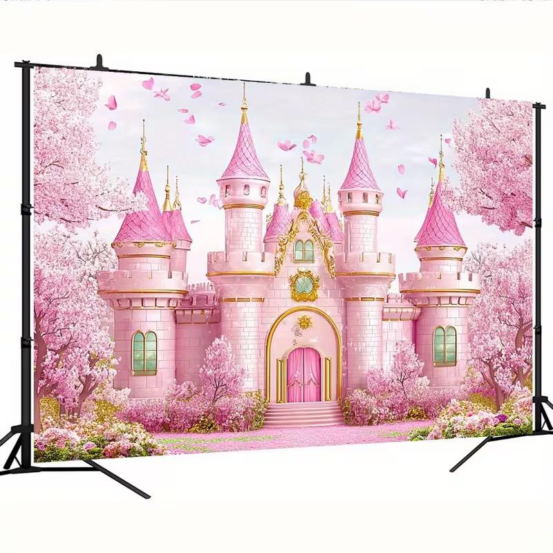 Fondo de Foto de Castillo Rosa 2D con Flores de Cerezo para Fiesta de Cumpleaños Infantil Decoración de Estudio Tela