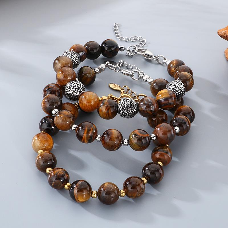 Natural Tiger Eye Stone Beaded Bracelet for Men Women Vintage Stainless Steel Jewelry Adjustable Chain Accessory Gift