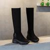 Women's Black Suede Knee-High Boots - 8CM Height Increase, Thick Sole, Plus Velvet, Elastic, 2025 Autumn/Winter Collection