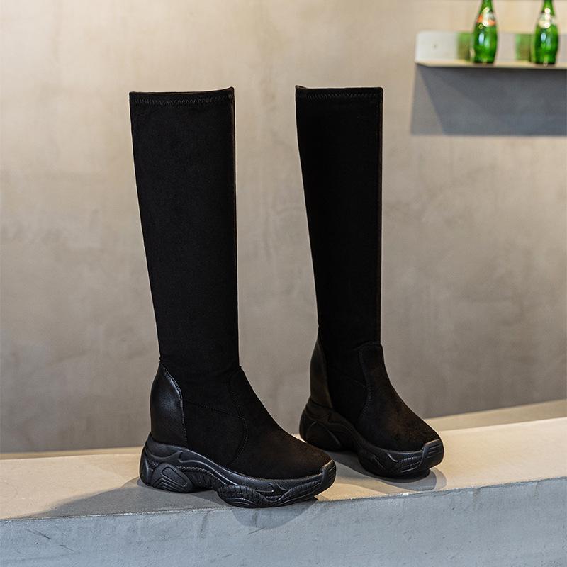 Women's Black Suede Knee-High Boots - 8CM Height Increase, Thick Sole, Plus Velvet, Elastic, 2025 Autumn/Winter Collection