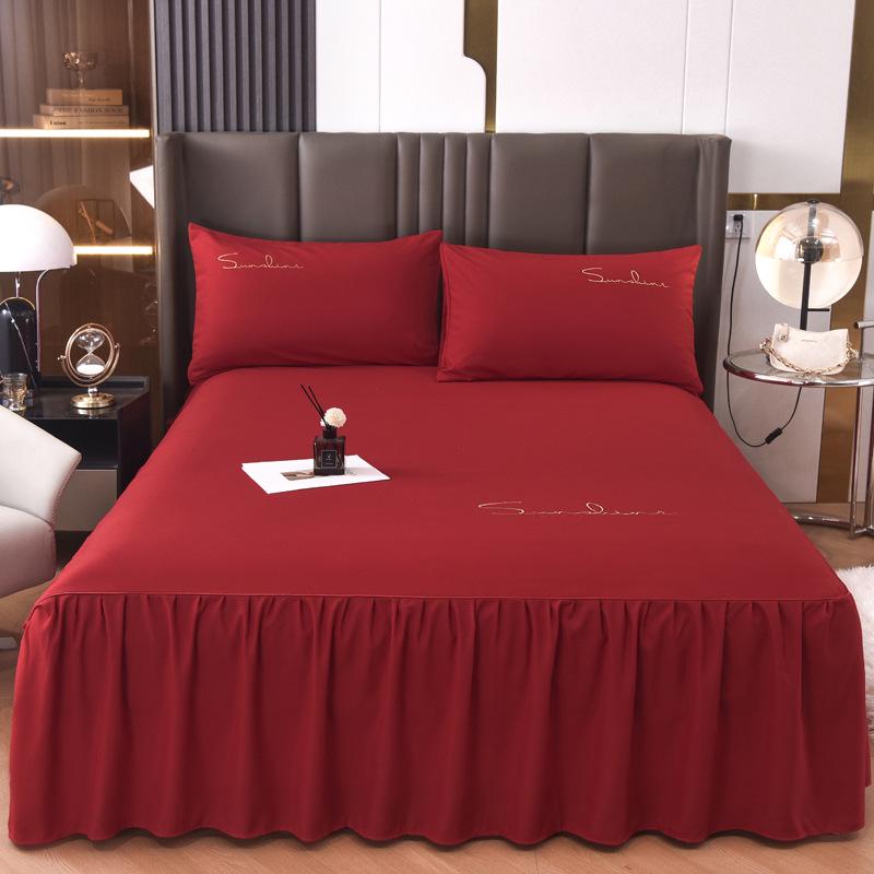 Solid Color Washed Cotton Lace Bed Skirt Mattress Protector