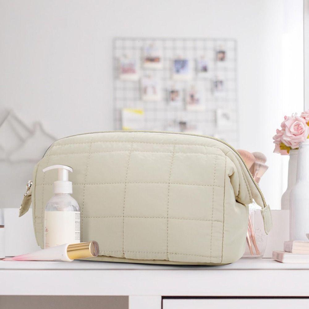 Puffy Padded Travel Cosmetic Bag Solid Color Wide-open Makeup Bag Women Makeup Organizer Case Large Capacity Toiletry Bag
