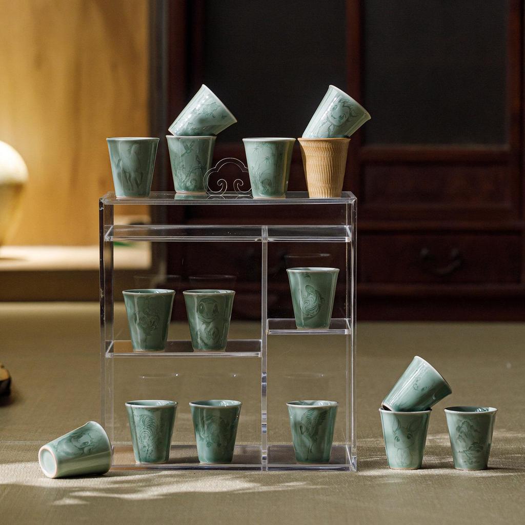 Guanlan Yue Celadon Shadow Carved Zodiac Tea Cup - High-Grade Ceramic Masterpiece for Aroma and Tea Tasting