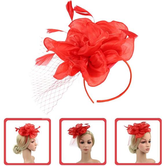 Baluue Mesh Flower Design Red Wedding Tea Party Headband Headdress for Women Special Occasion Accessory