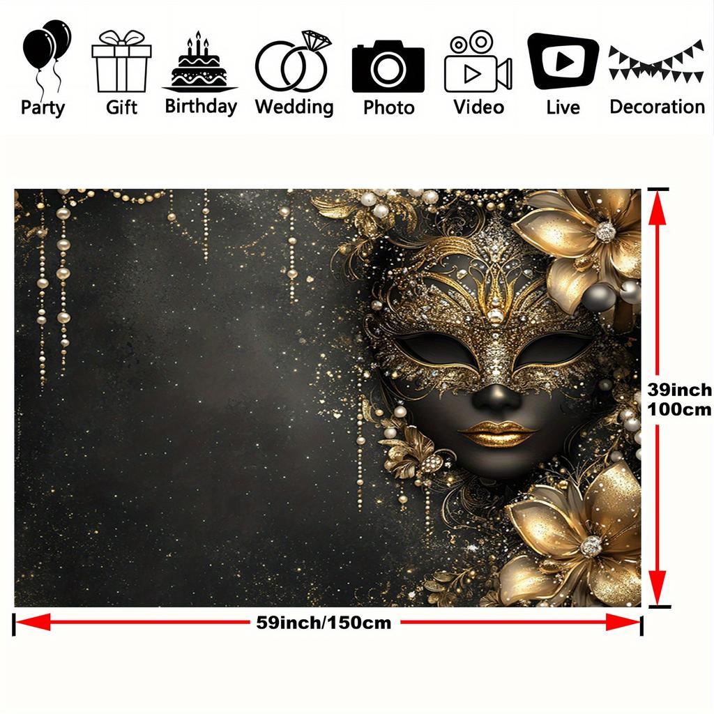 2D flat, elegant black and gold mask-themed party background - versatile for weddings, birthdays, and masquerade parties