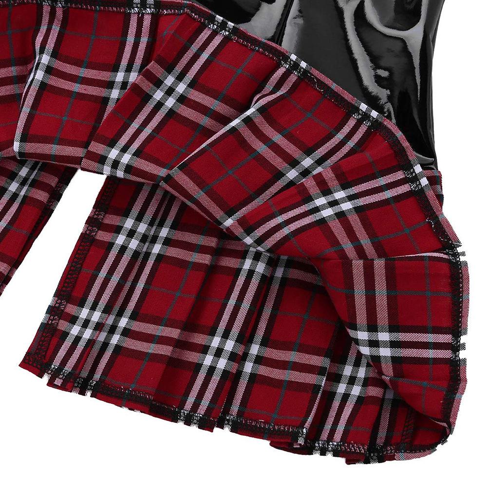 3pcs/set Women's Fashion Sexy Leather Bodysuit Zipper Lingerie Set with Plaid Skirt