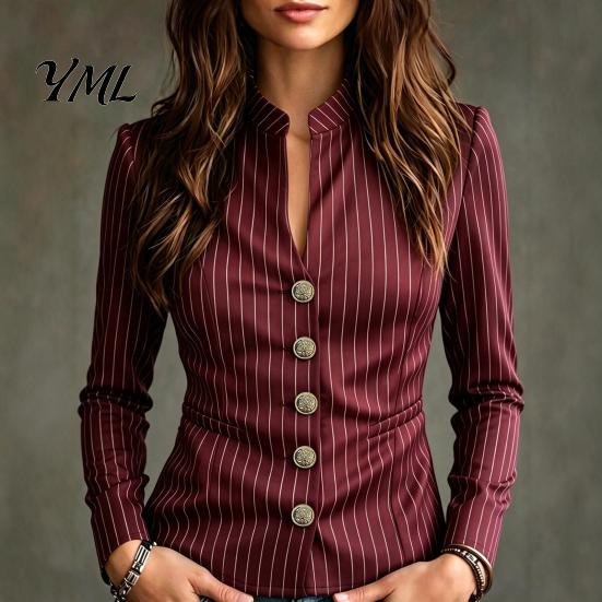 Women Striped Blazer Stand Collar Blazer, Slim Fit Single-Breasted Blouse Top, Office Business Casual Jacket Outerwear Slimming Waist Coat