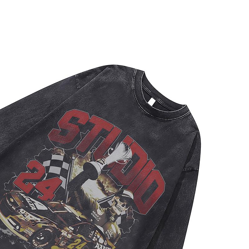 Amerikanische Trendmarke Vintage Retro Racing Digitaler Direktdruck Reine Baumwolle Gewaschen Locker Langarm-T-Shirt Herren