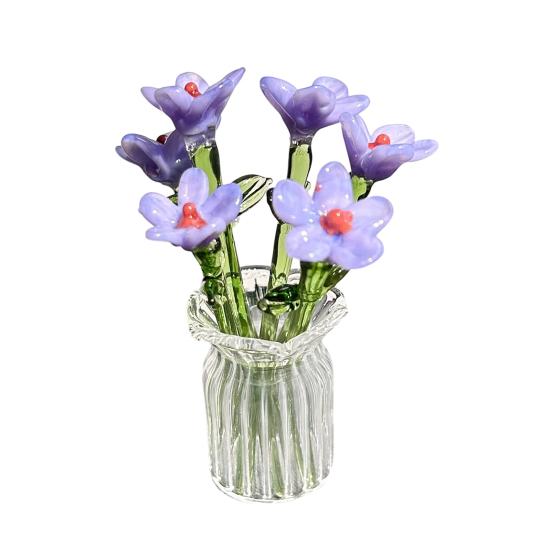 1 Set Glass Flower Bouquet with Vase Hand-Blown Mini Flower Decoration Home Living Room Handmade Simulation Floral Ornament with Stem