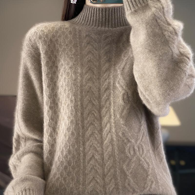 Thickened Half-high Neck Twisted Flower Sweater for Women In Autumn and Winter New Loose and Versatile Cashmere Knitted Sweater Base Shirt