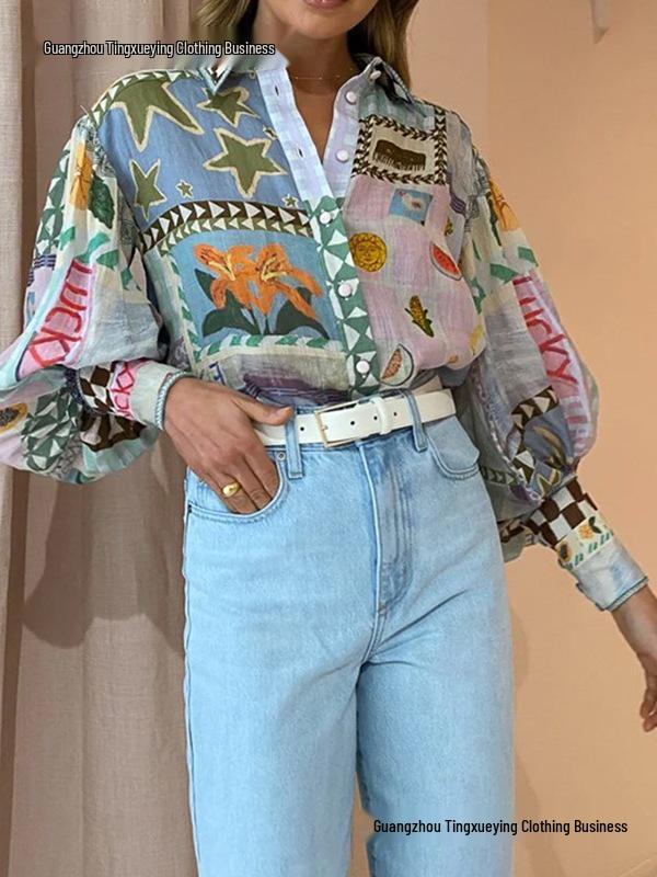 European & American Women's Long Sleeve Printed Shirt - Casual, Fashionable, Lapel Design for Business and Everyday Wear.