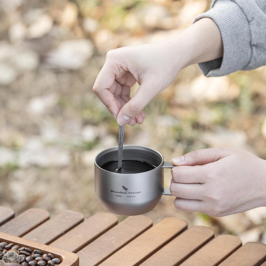 Boundless Voyage Titanium Mug Coffee Cup 200ml Primary Silver Double Wall Mug Lightweight Cup Outdoor Camping Gear with Mini Coffee Spoon Ti3086D