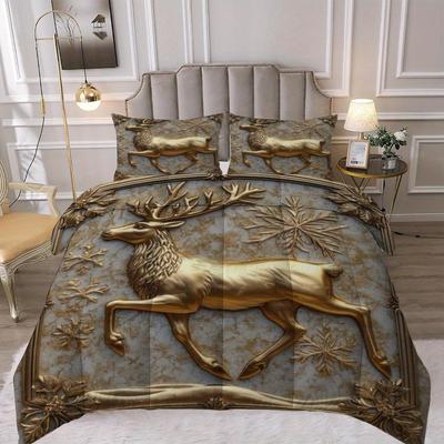 Latacaca 3-teiliges Quilt-Set mit Weihnachtsmotiv Goldenes Rentier Dickes Decken-Set Festliche und Warme Bettdecke Bettwäsche-Set 1 Bettbezug