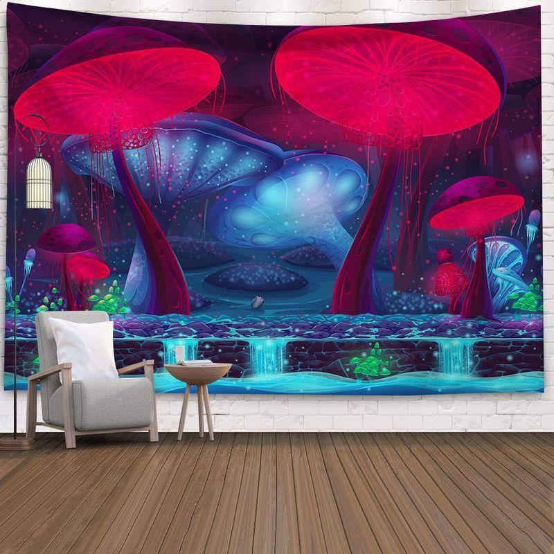 Mushroom Forest Tapestry, Peach Skin Velvet Background Fabric, Polyester Digital Printing Wall Carpet, Room Decoration Hanging Fabric