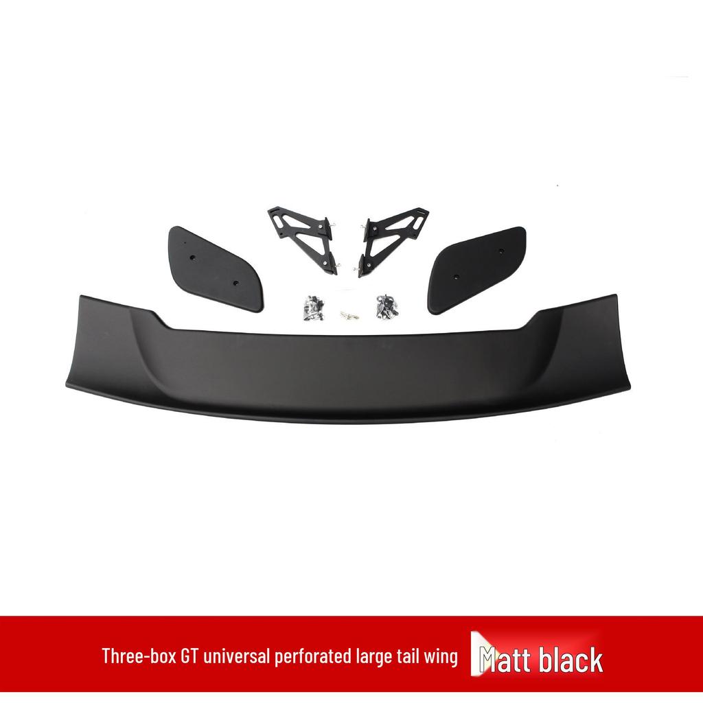 GT Universal Perforated Rear Spoiler Kit: Includes Bracket, Wind Deflector, Roof Spoiler, Rear Diffuser, Side Skirts, and Front Lip.