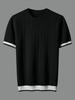 Italian Color-Block Men's Knit: Breathable Jacquard Texture, Loose Fit, Contrast Color, Round Neck, Short Sleeve.